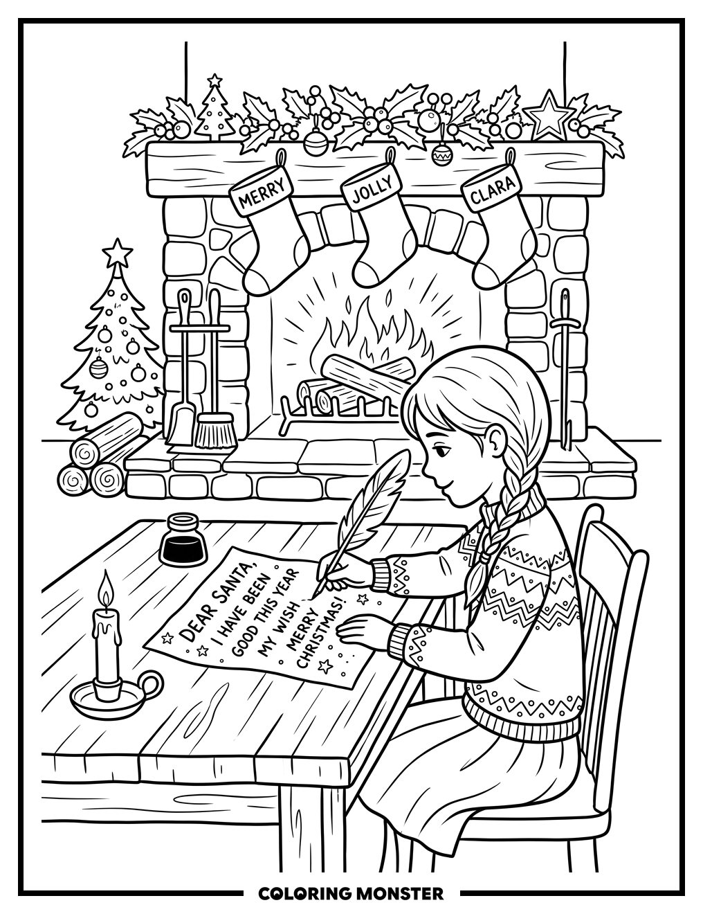 Girl Writing to Santa Claus Coloring Page