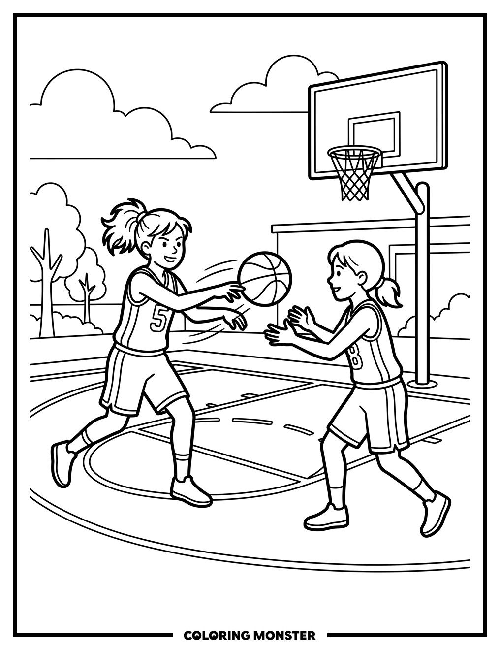 Girls Playing Basketball Outdoors Coloring Page