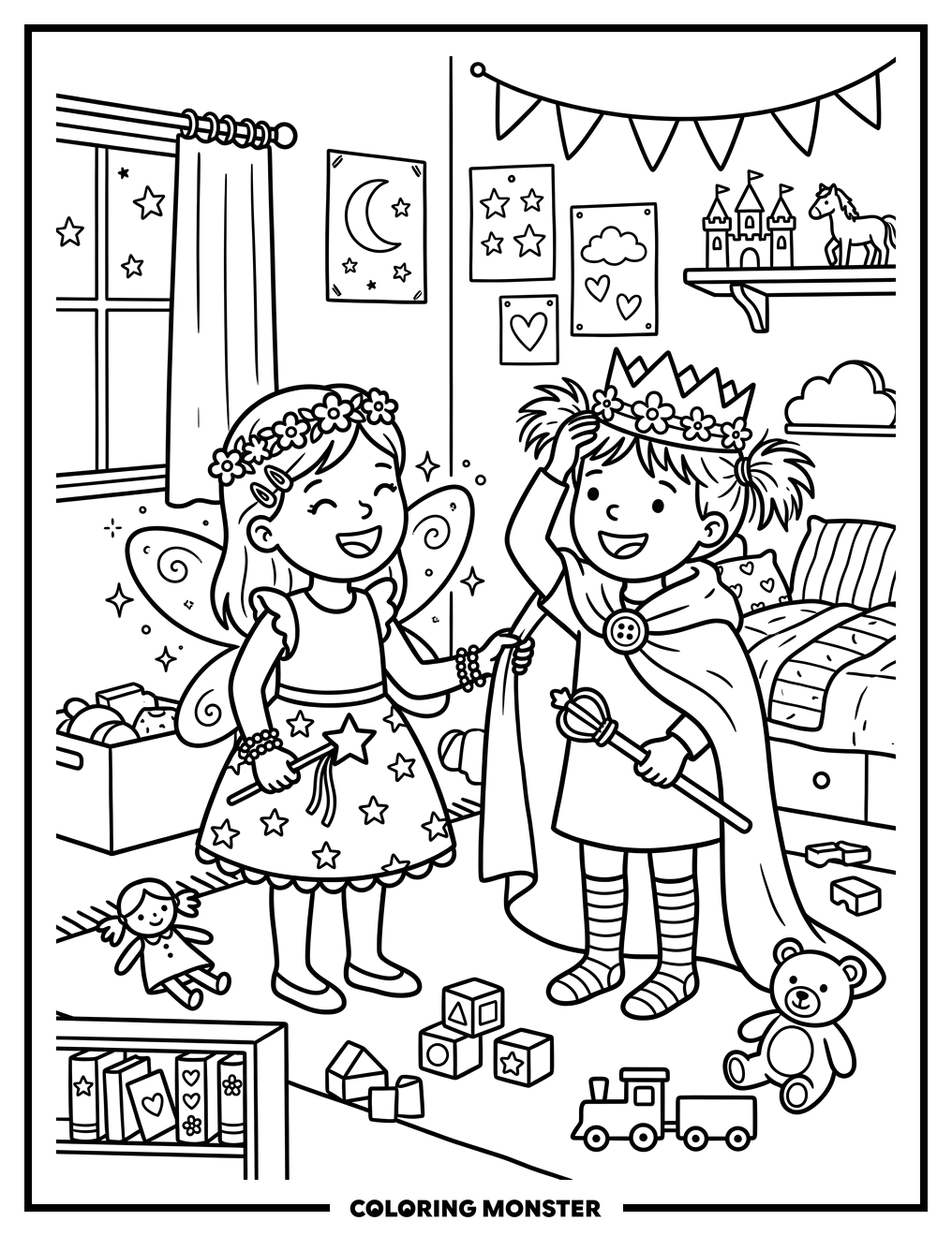 Girls Playing Dress-Up Together Coloring Page