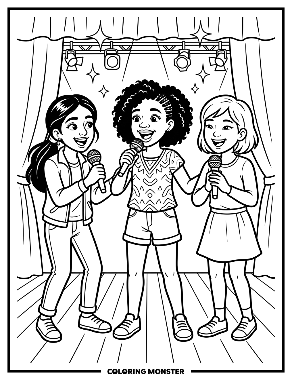 Girls Singing Joyfully On Stage Coloring Page