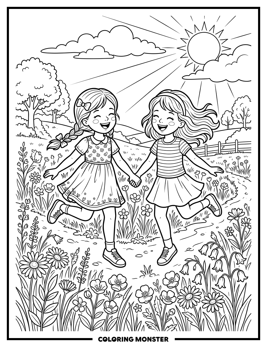 Girls Skipping in Sunny Meadow Coloring Page