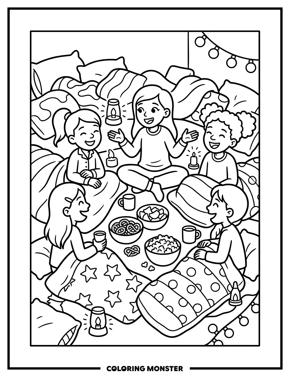 Girls' Slumber Party Fun Coloring Page