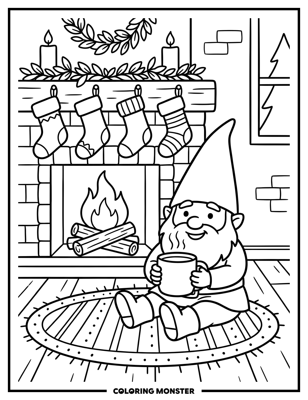 Gnome by the Fireplace Coloring Page