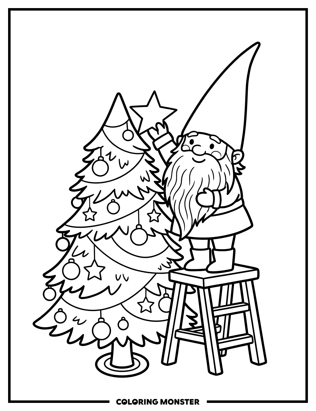 Gnome Decorating A Christmas Tree Coloring Page