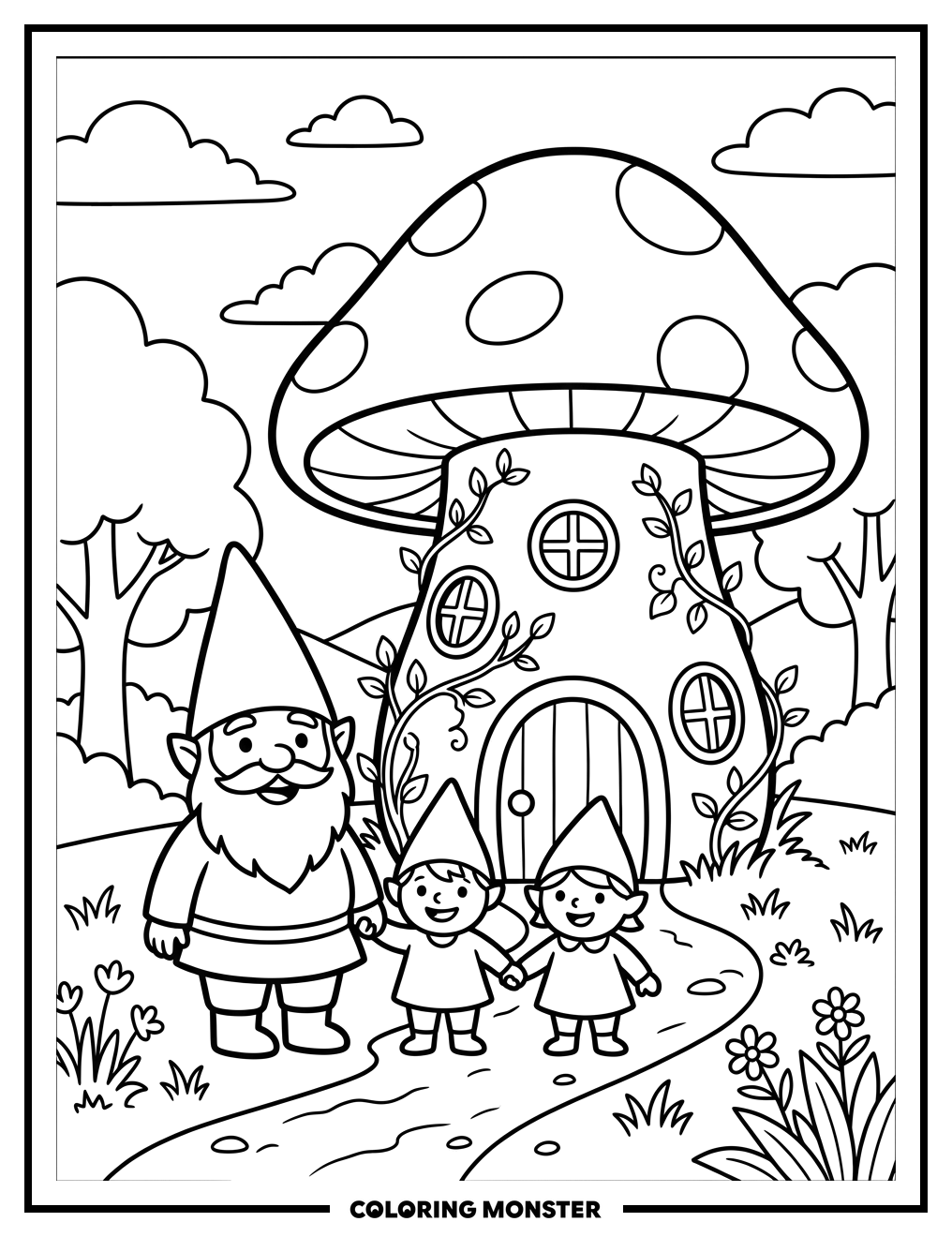 Gnome Family and Mushroom House Coloring Page