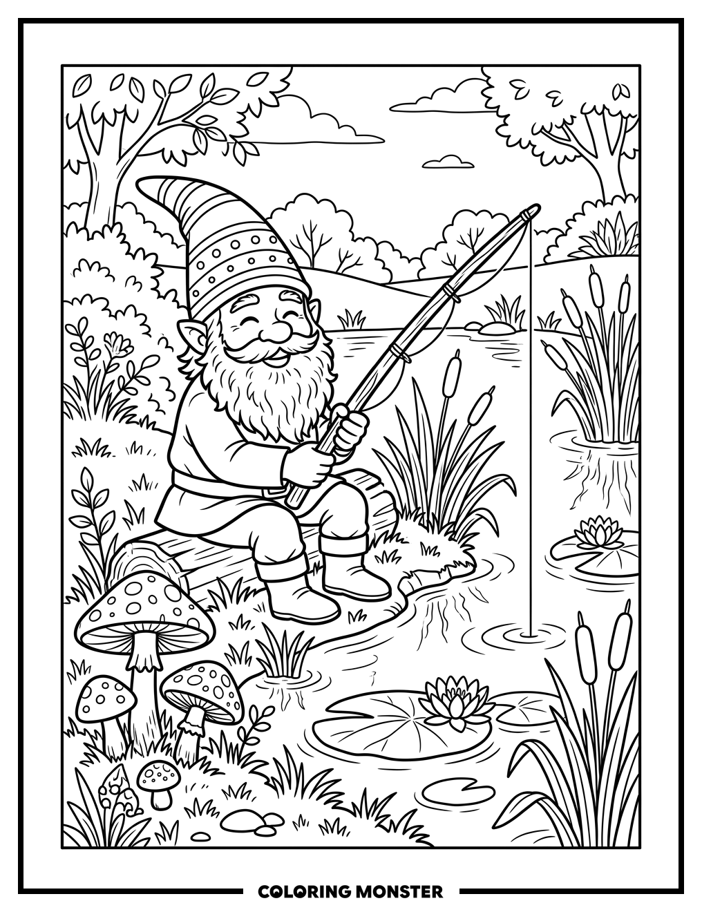 Gnome Fishing by the Pond Coloring Page