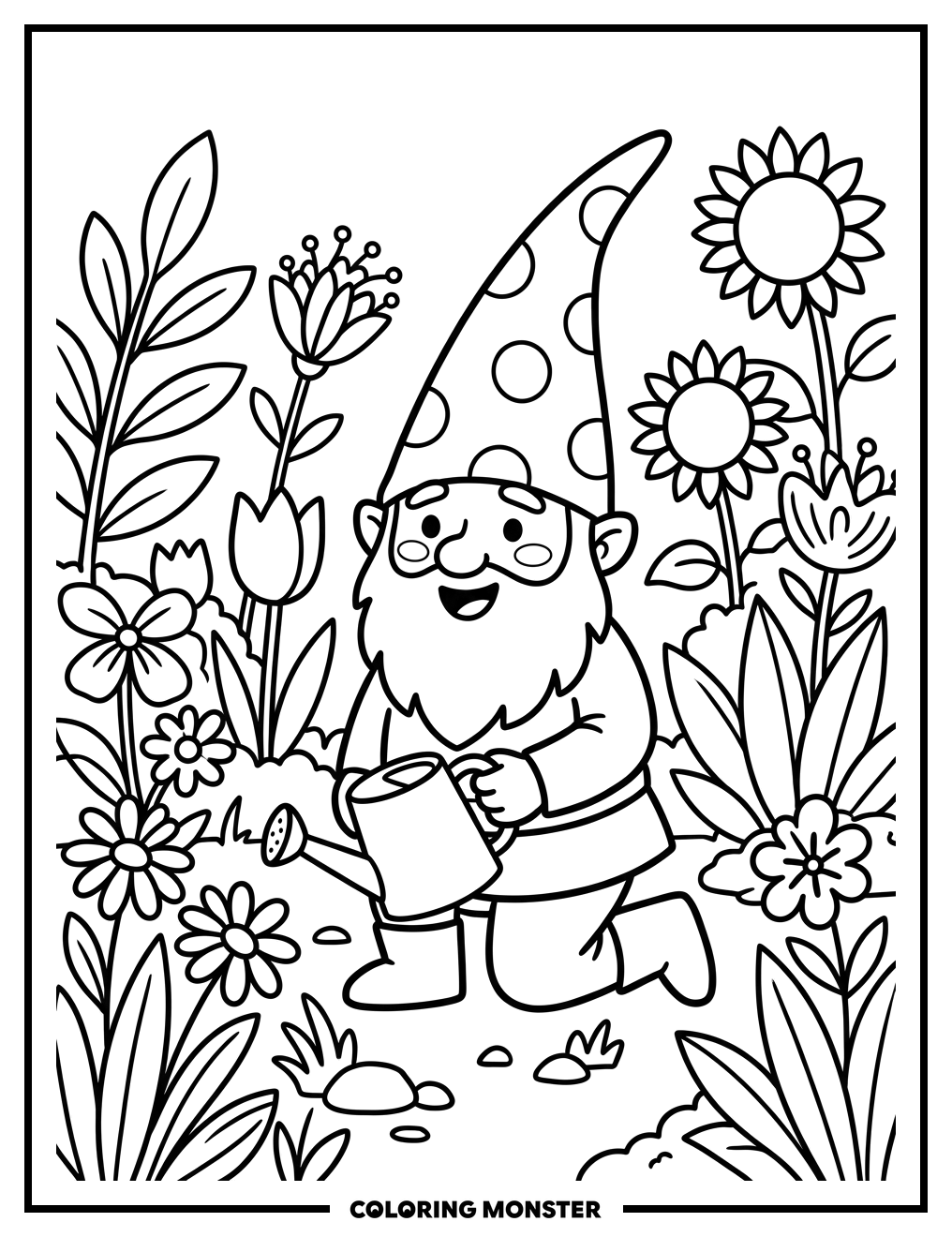 Gnome in a Summer Garden Coloring Page