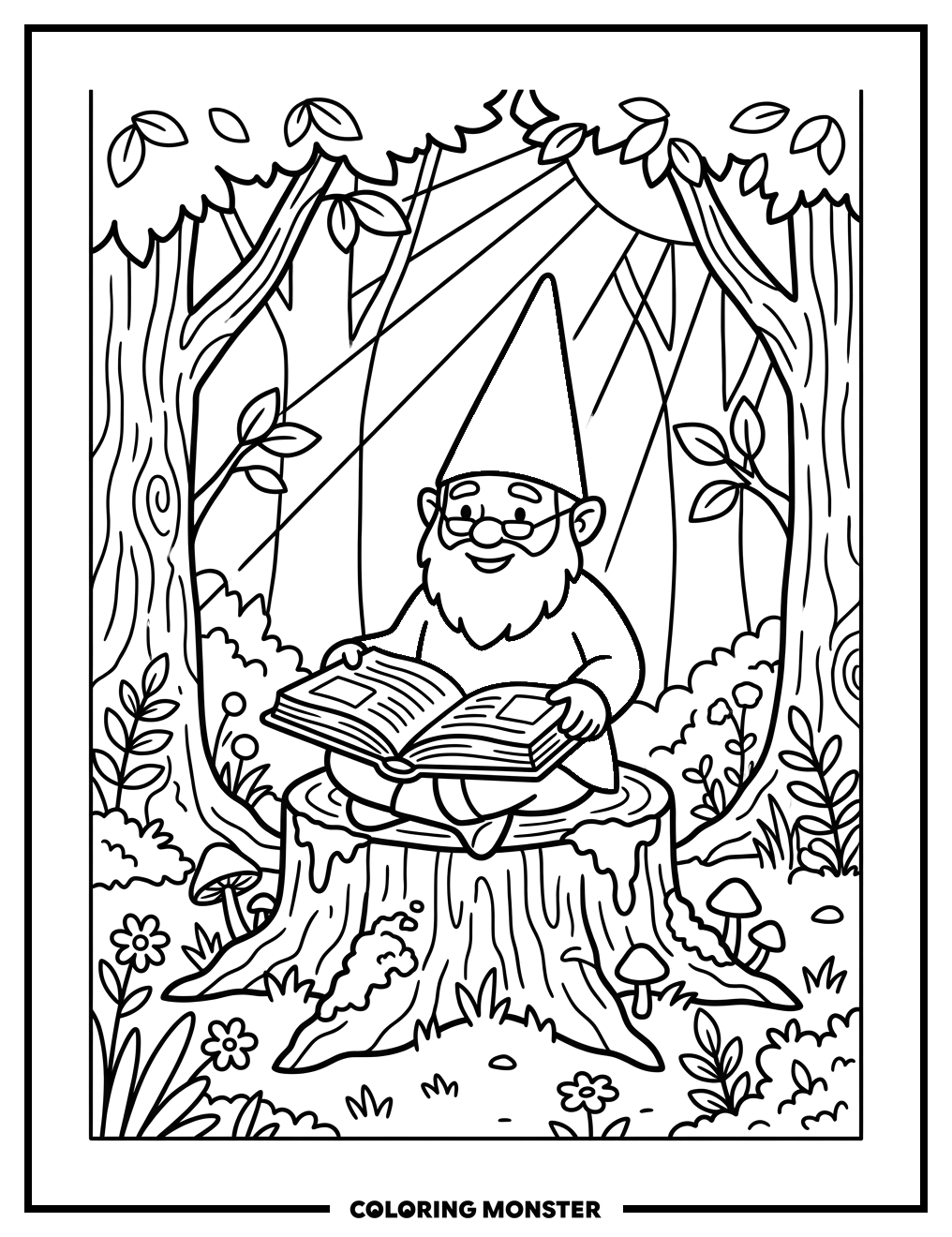 Gnome Reading a Book on a Stump Coloring Page