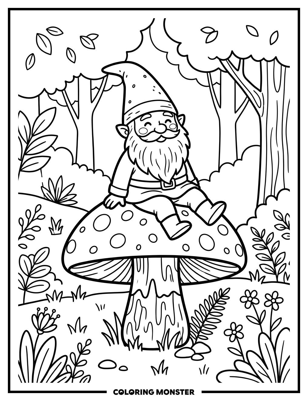 Gnome Sitting On A Mushroom Coloring Page