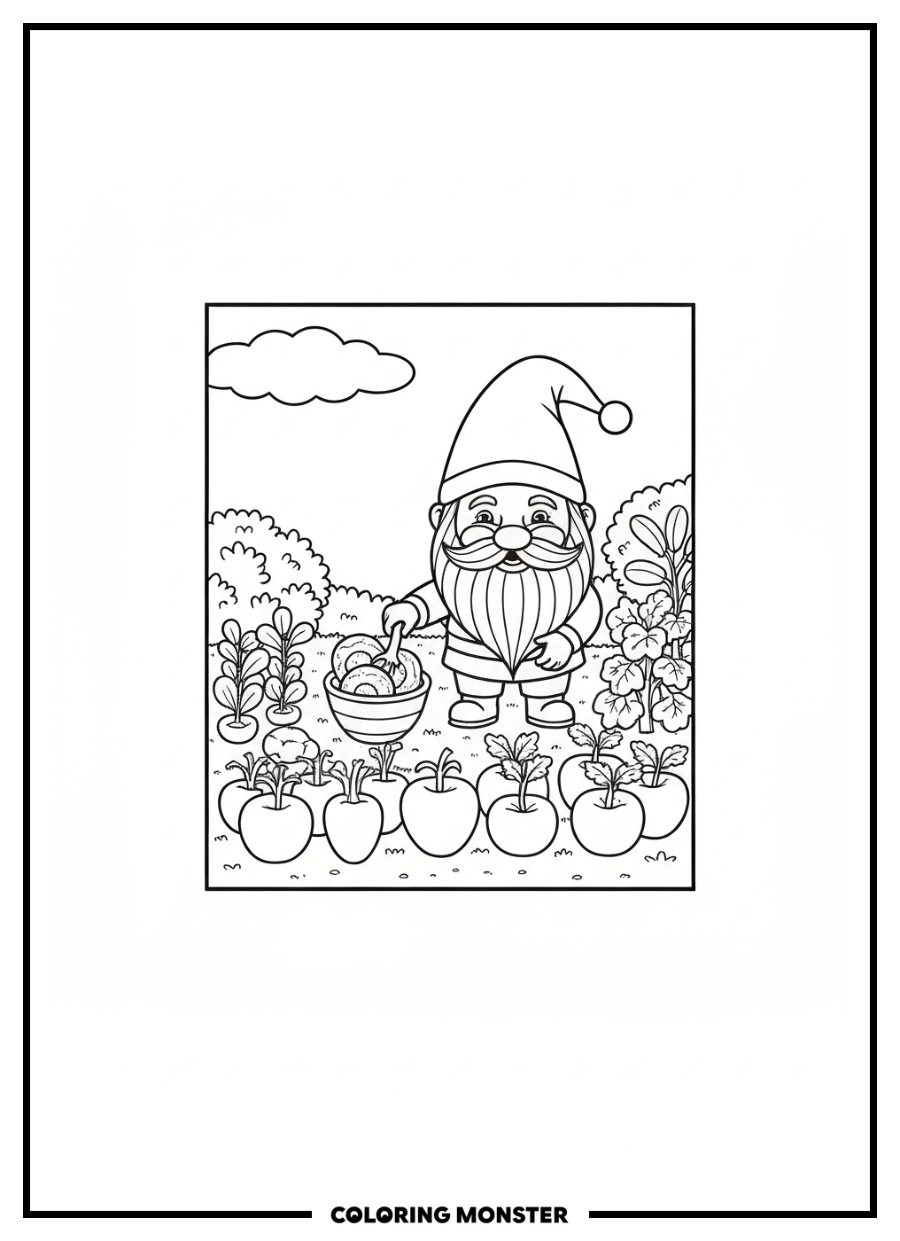 Gnome Tending A Vegetable Garden Coloring Page