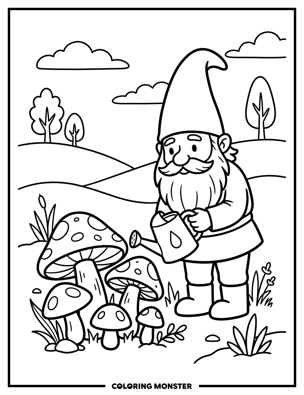Gnome Watering Giant Mushrooms Coloring Page