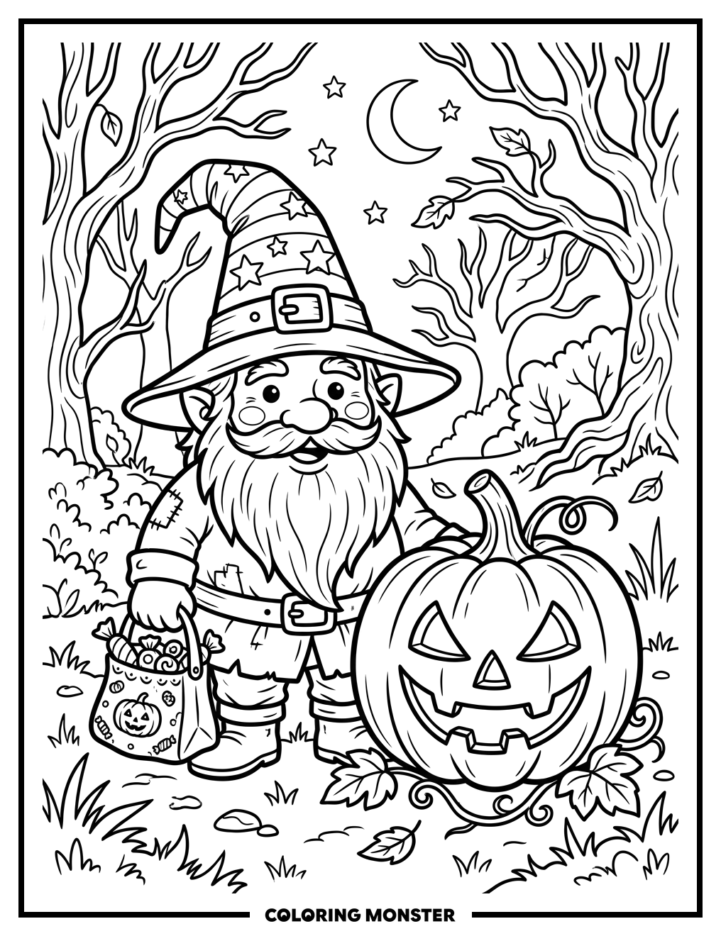 Gnome With Witch Hat And Pumpkin Coloring Page