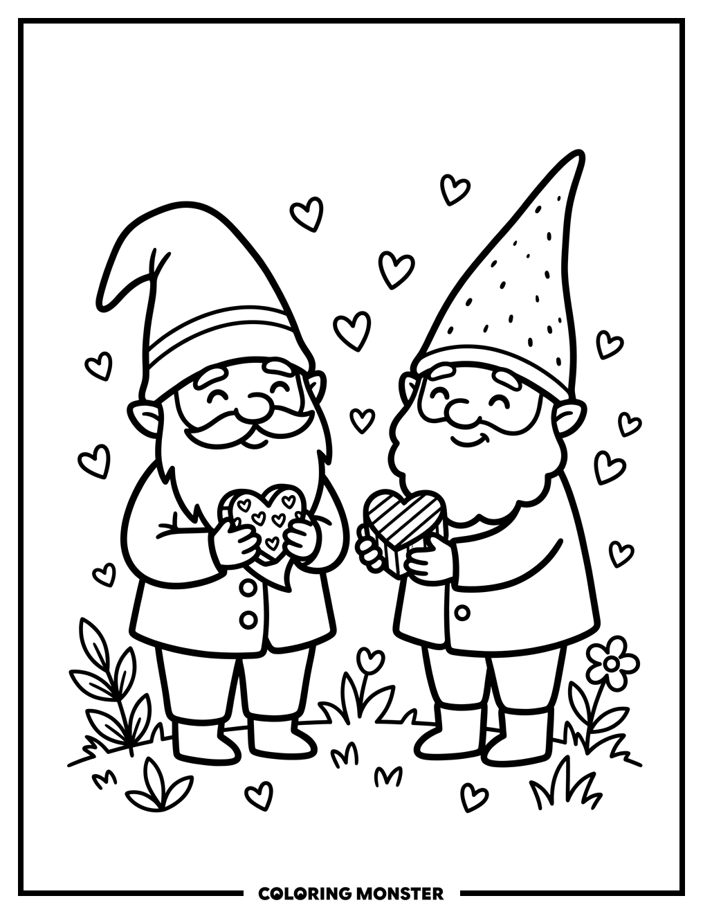 Gnomes Exchanging Heart Gifts Coloring Page