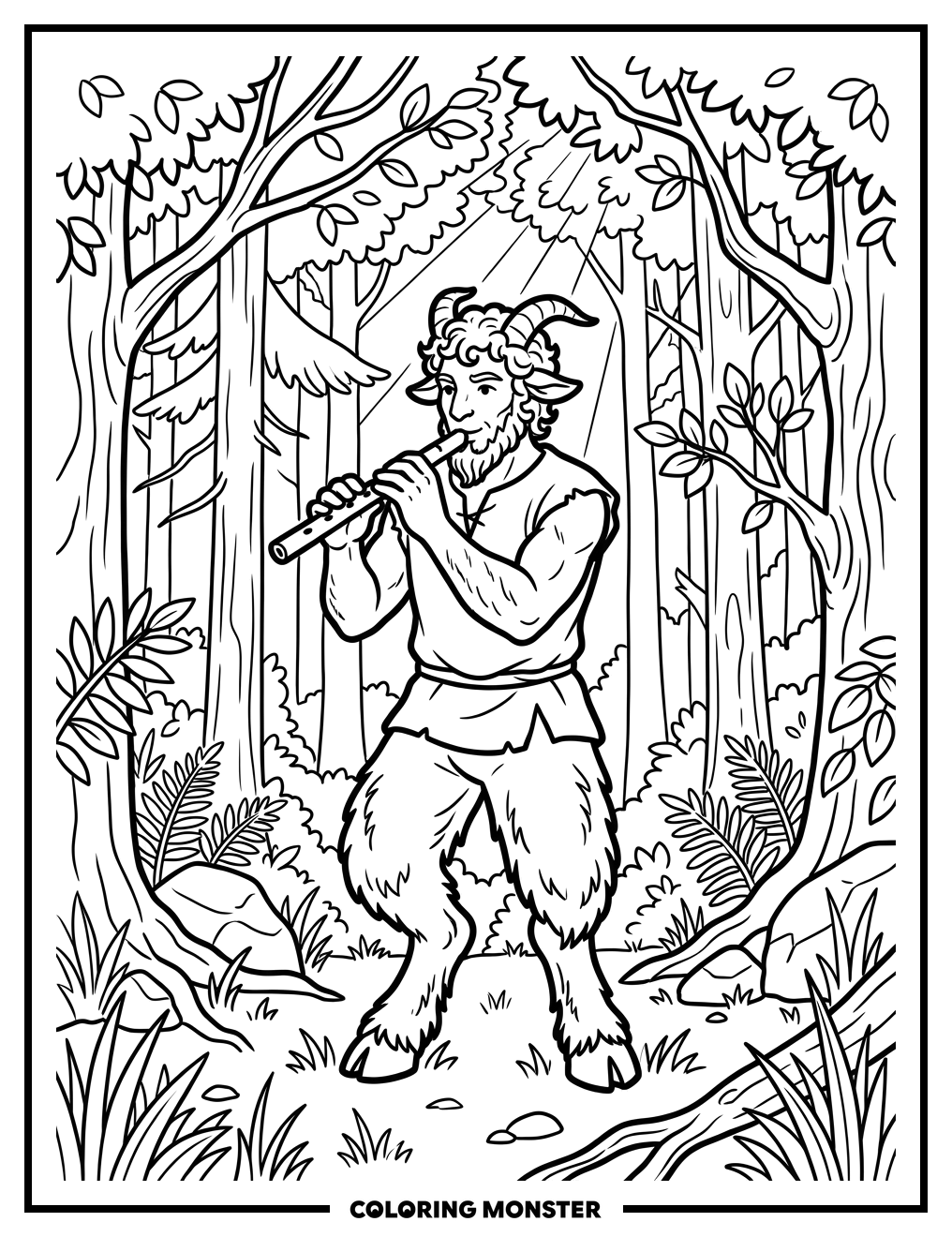 Goatman Playing Flute in Forest Coloring Page