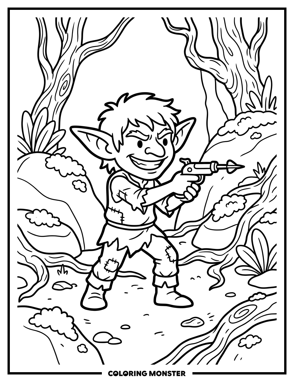 Goblin with Dart Gun in Forest Coloring Page