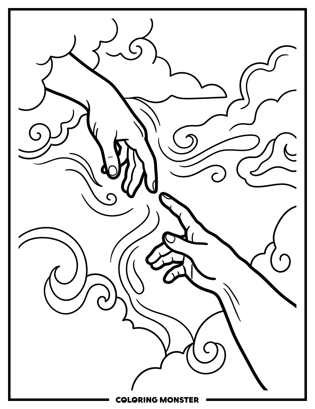God and Adam Reaching Hands Coloring Page