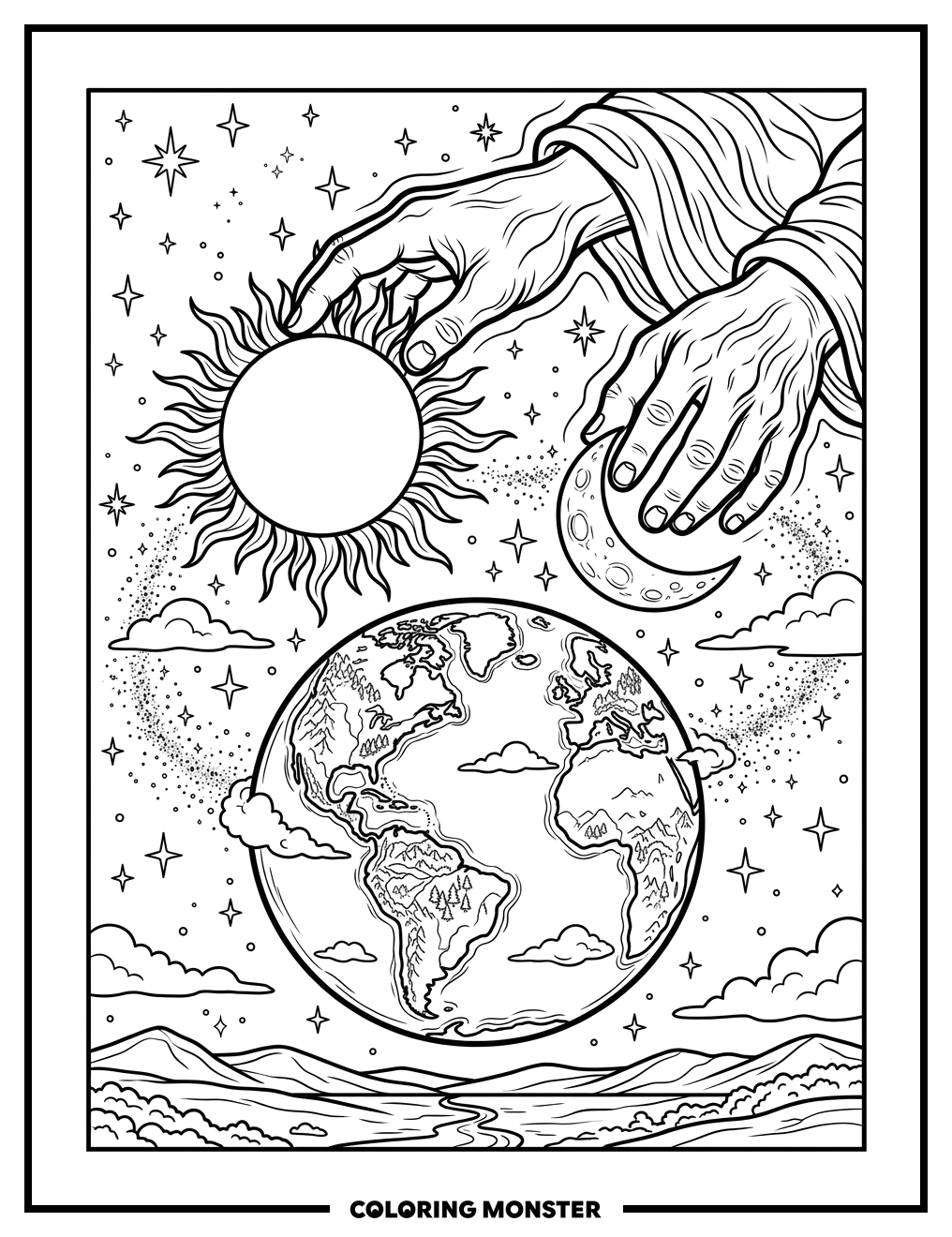 God Creates Sun, Moon, and Earth Coloring Page