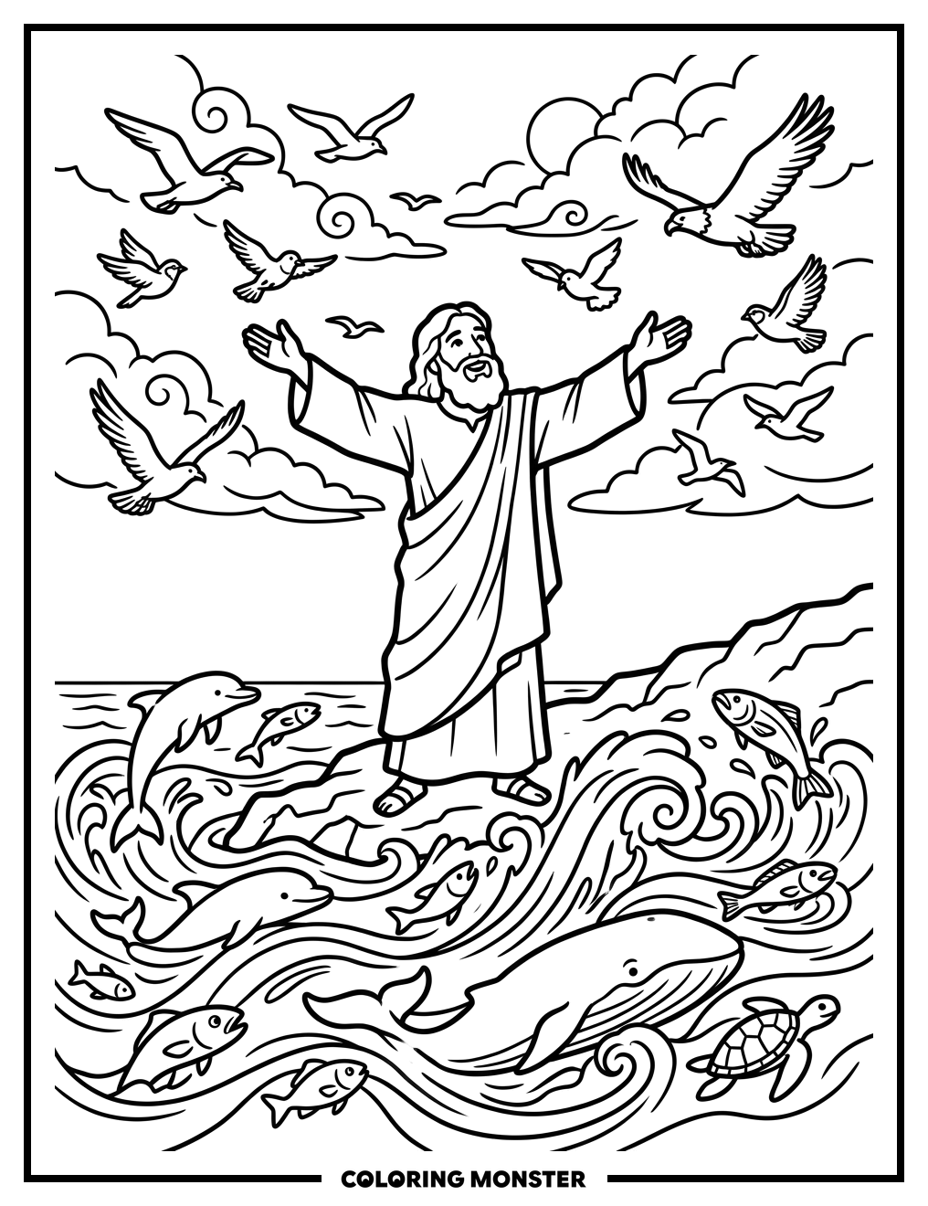 God's Blessing Over the Sea Coloring Page