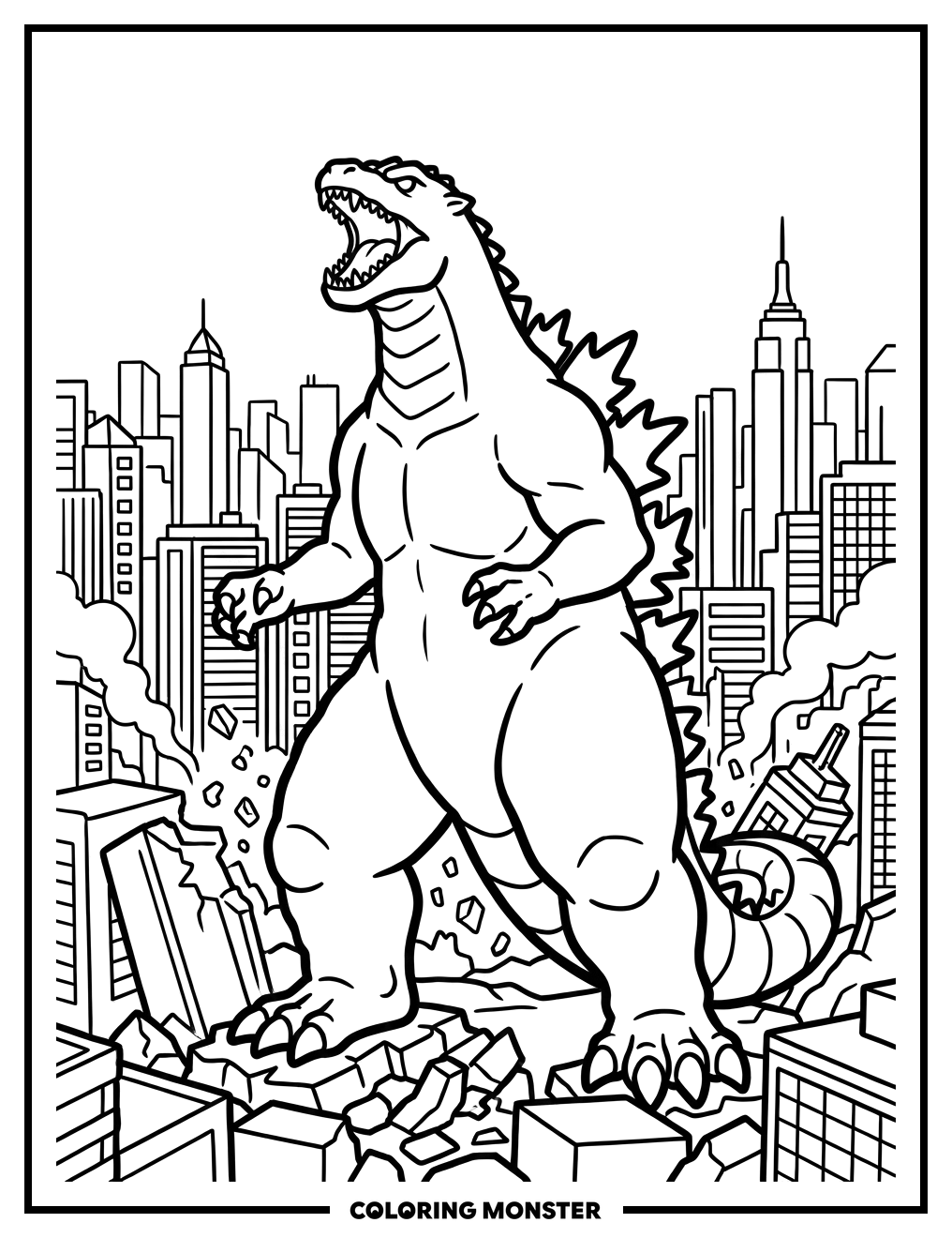 Godzilla Roaring Over City Coloring Page