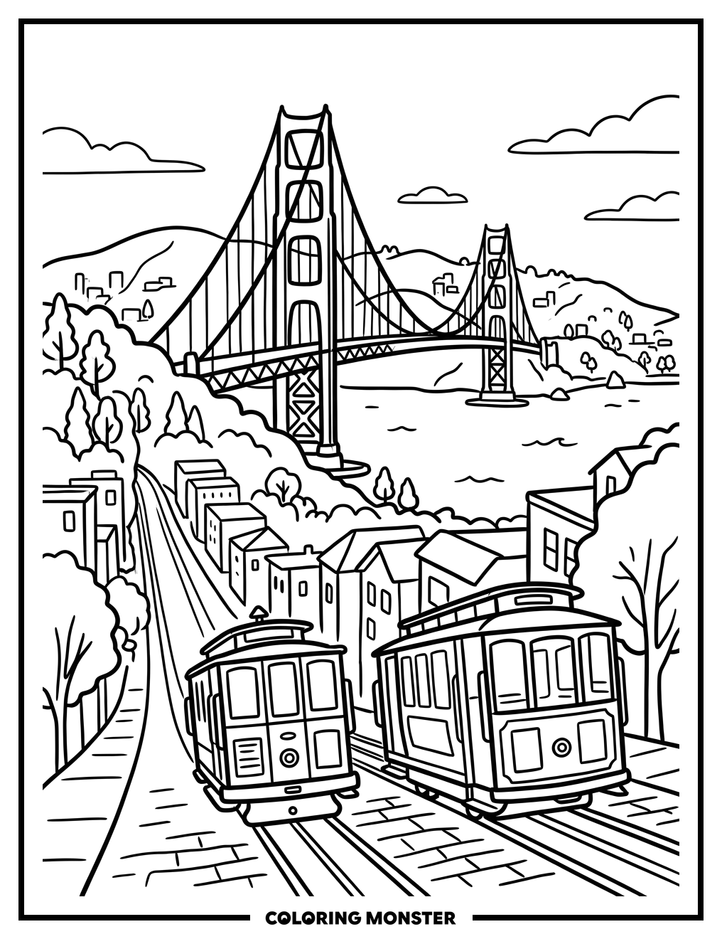 Golden Gate Bridge and Cable Cars Coloring Page
