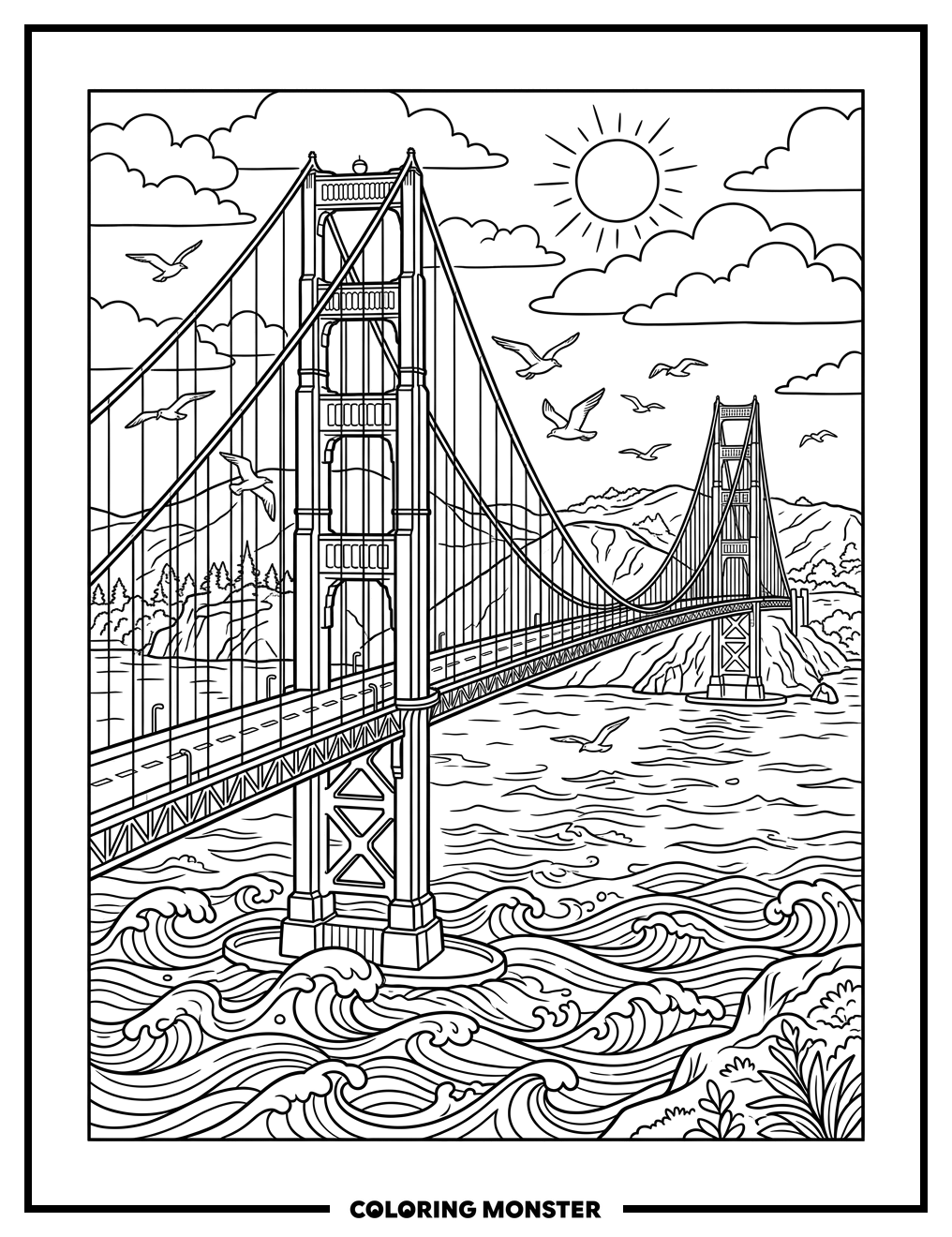 Golden Gate Bridge Over Bay Coloring Page