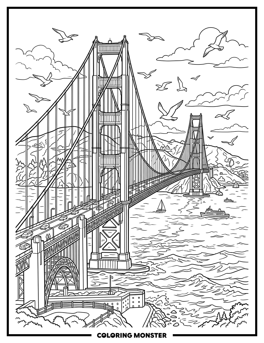 Golden Gate Bridge Over Bay Coloring Page