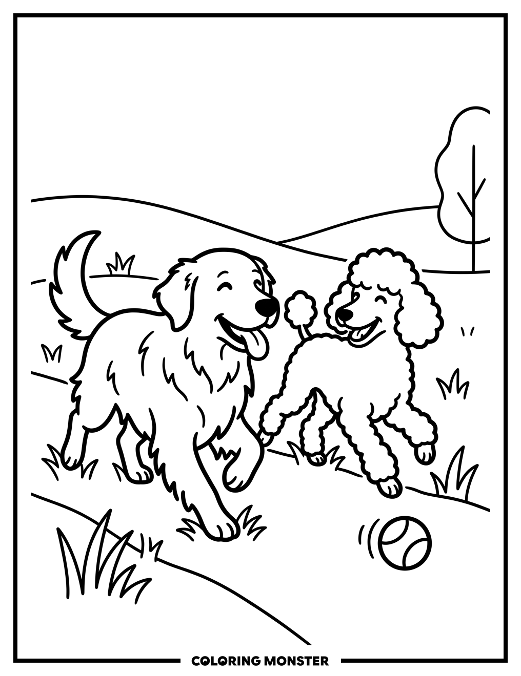 Golden Retriever and Poodle Playing Coloring Page
