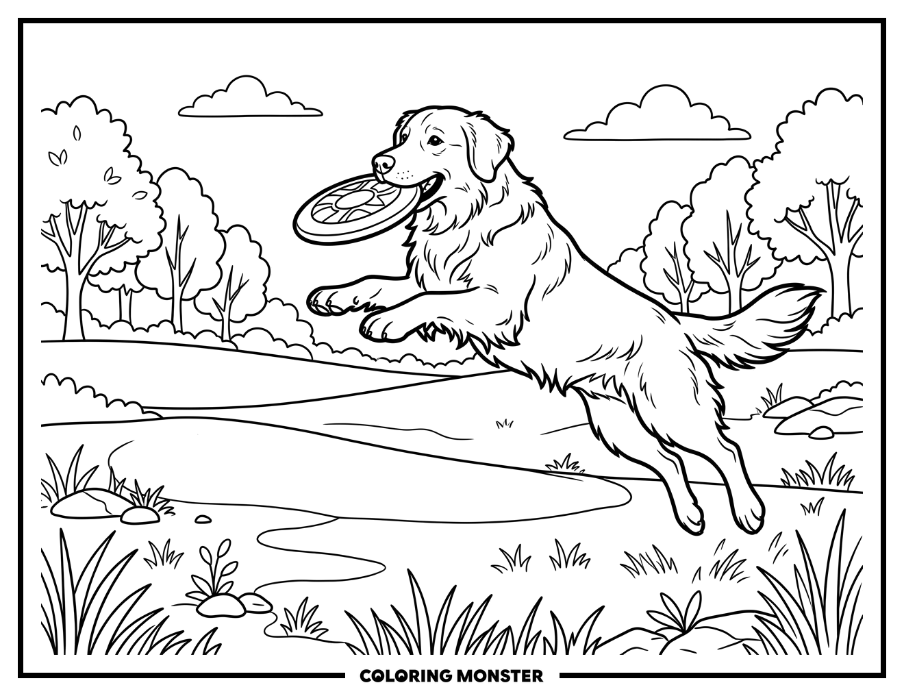 Golden Retriever Catches Frisbee Coloring Page