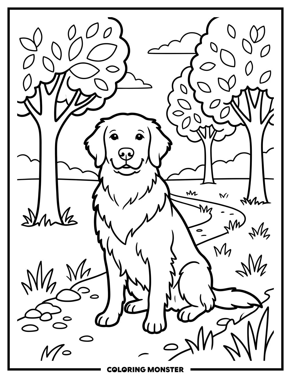 Golden Retriever in a Park Coloring Page