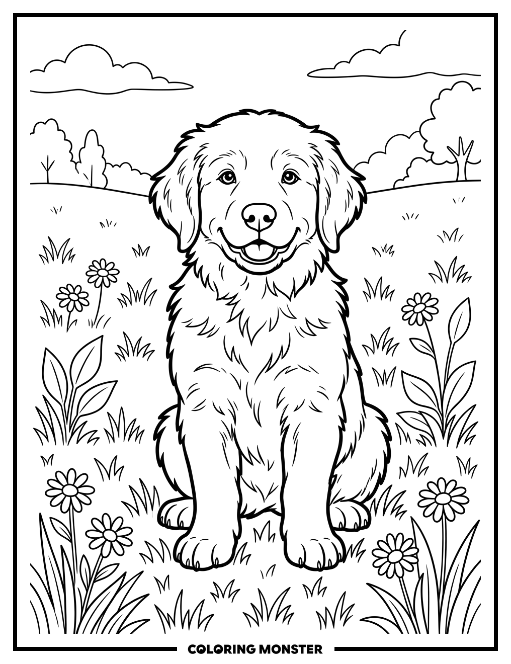 Golden Retriever Puppy in a Daisy Field Coloring Page