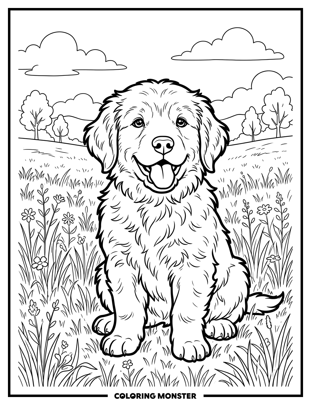 Golden Retriever Puppy in Grassy Field Coloring Page