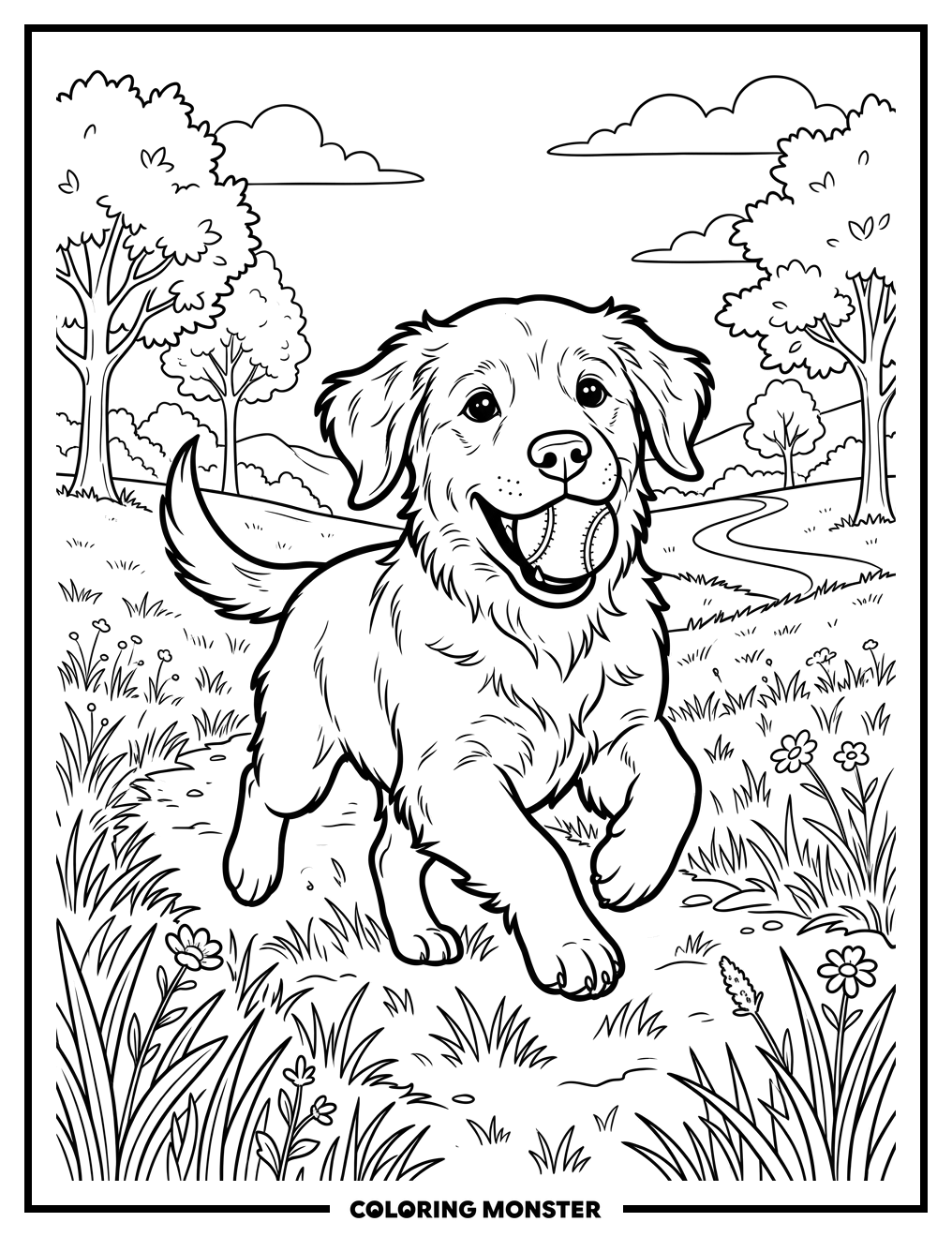 Golden Retriever Puppy Playing Fetch Coloring Page