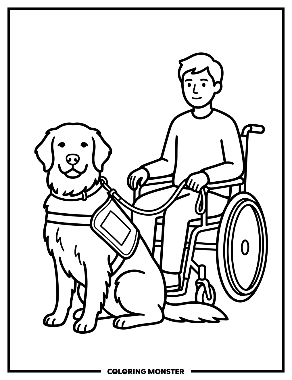 Golden Retriever Service Dog and Wheelchair User Coloring Page