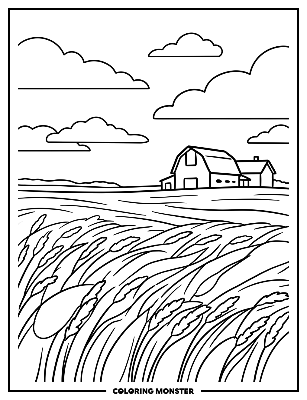 Golden Wheat Field and Red Barn Coloring Page