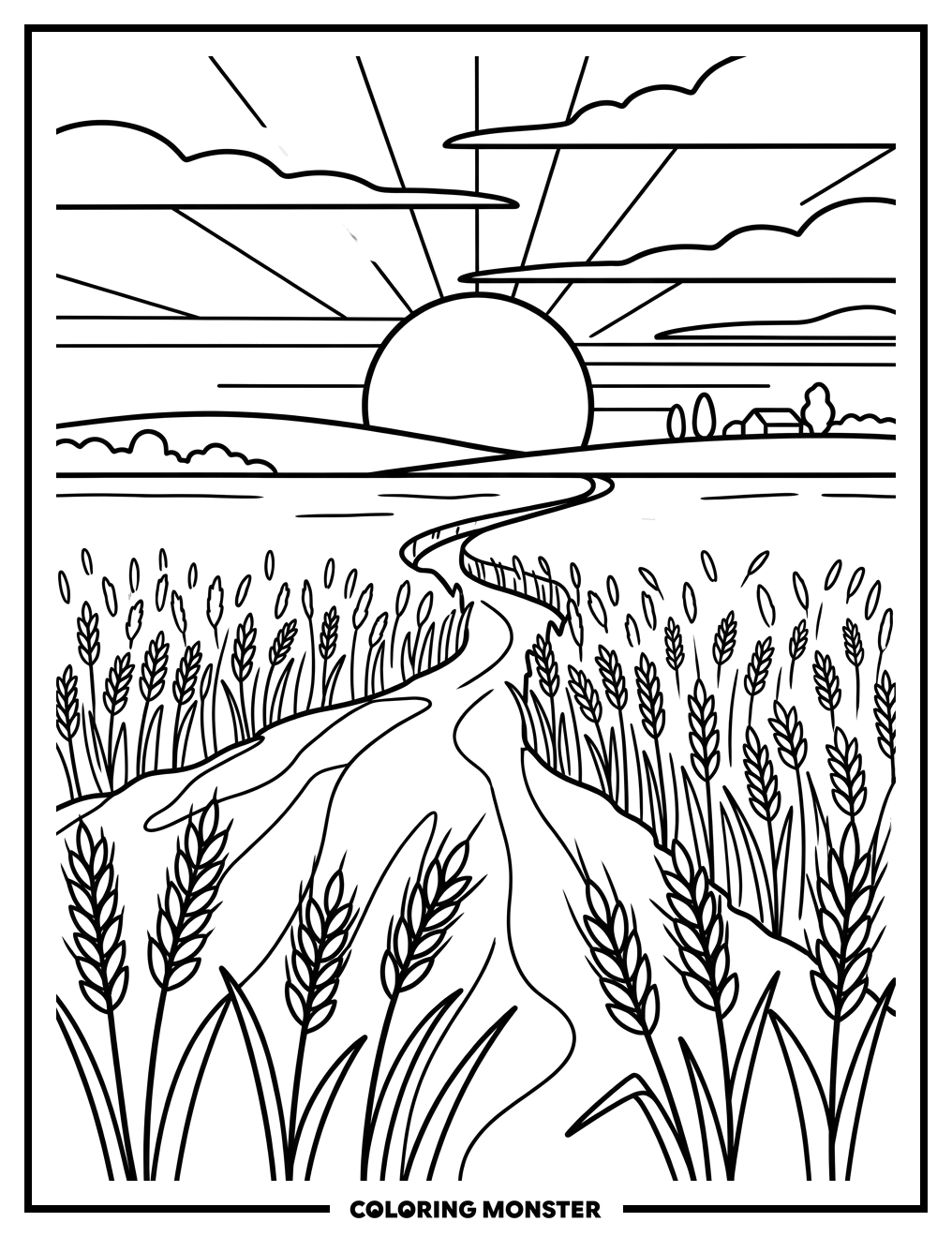 Golden Wheat Field At Sunset Coloring Page