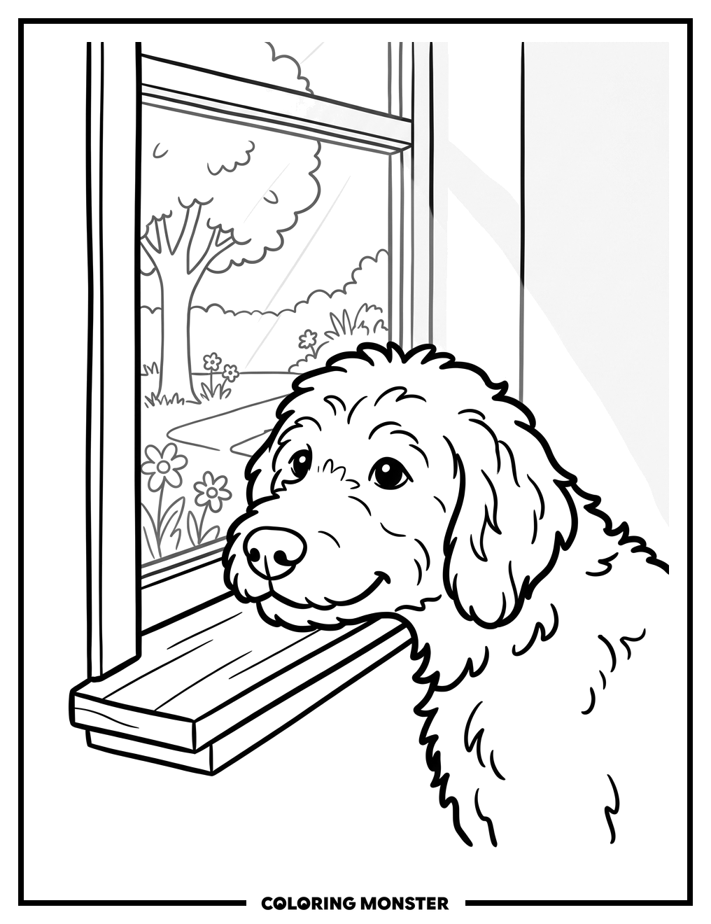Goldendoodle Gazing Out the Window Coloring Page