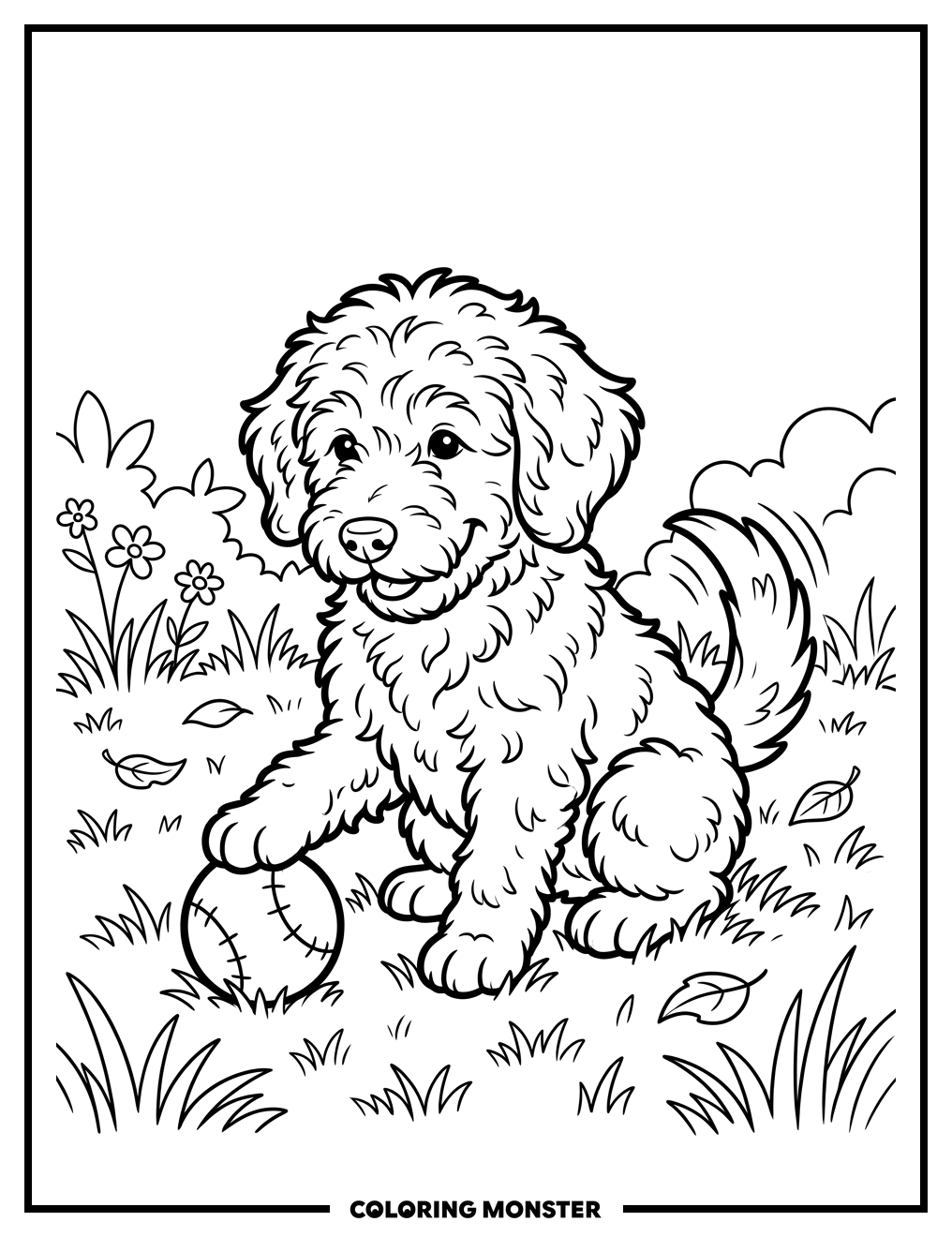 Goldendoodle Puppy With Red Ball Coloring Page