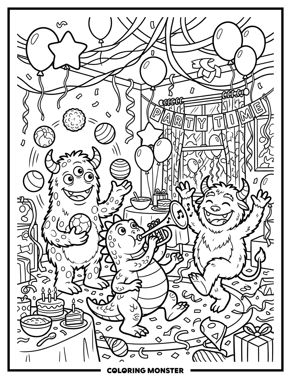 Goofy Monsters Party Scene Coloring Page