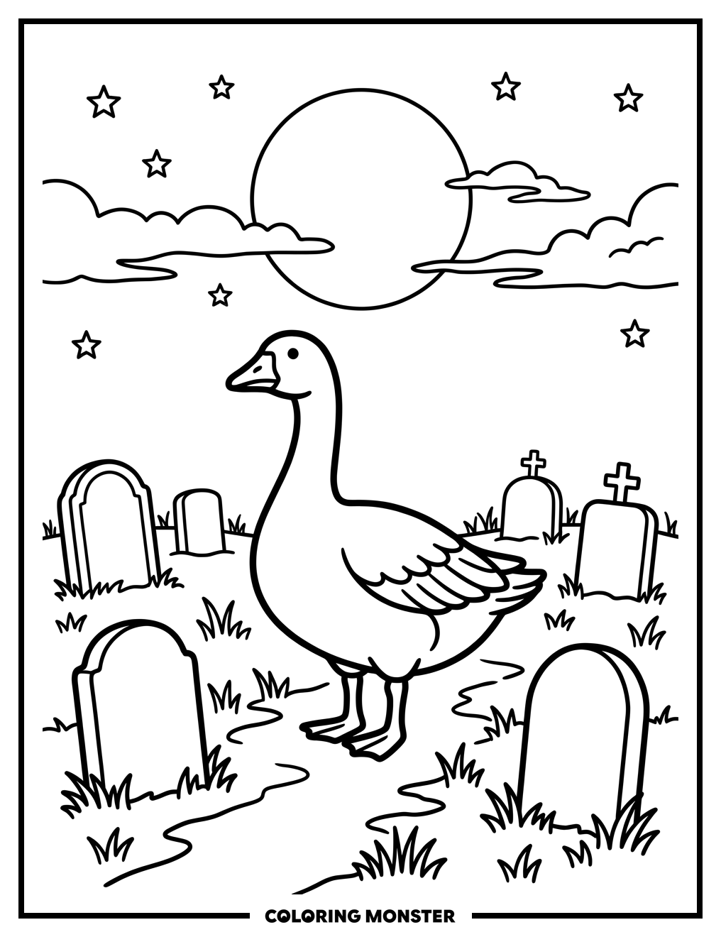 Goose in Spooky Graveyard Coloring Page