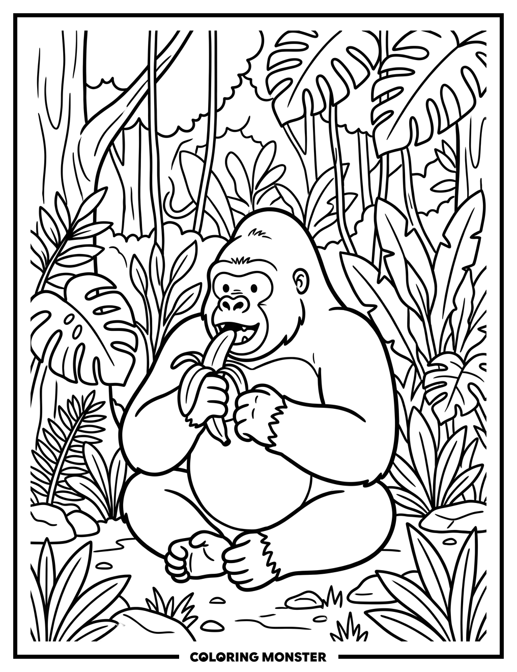 Gorilla With Banana In Jungle Coloring Page
