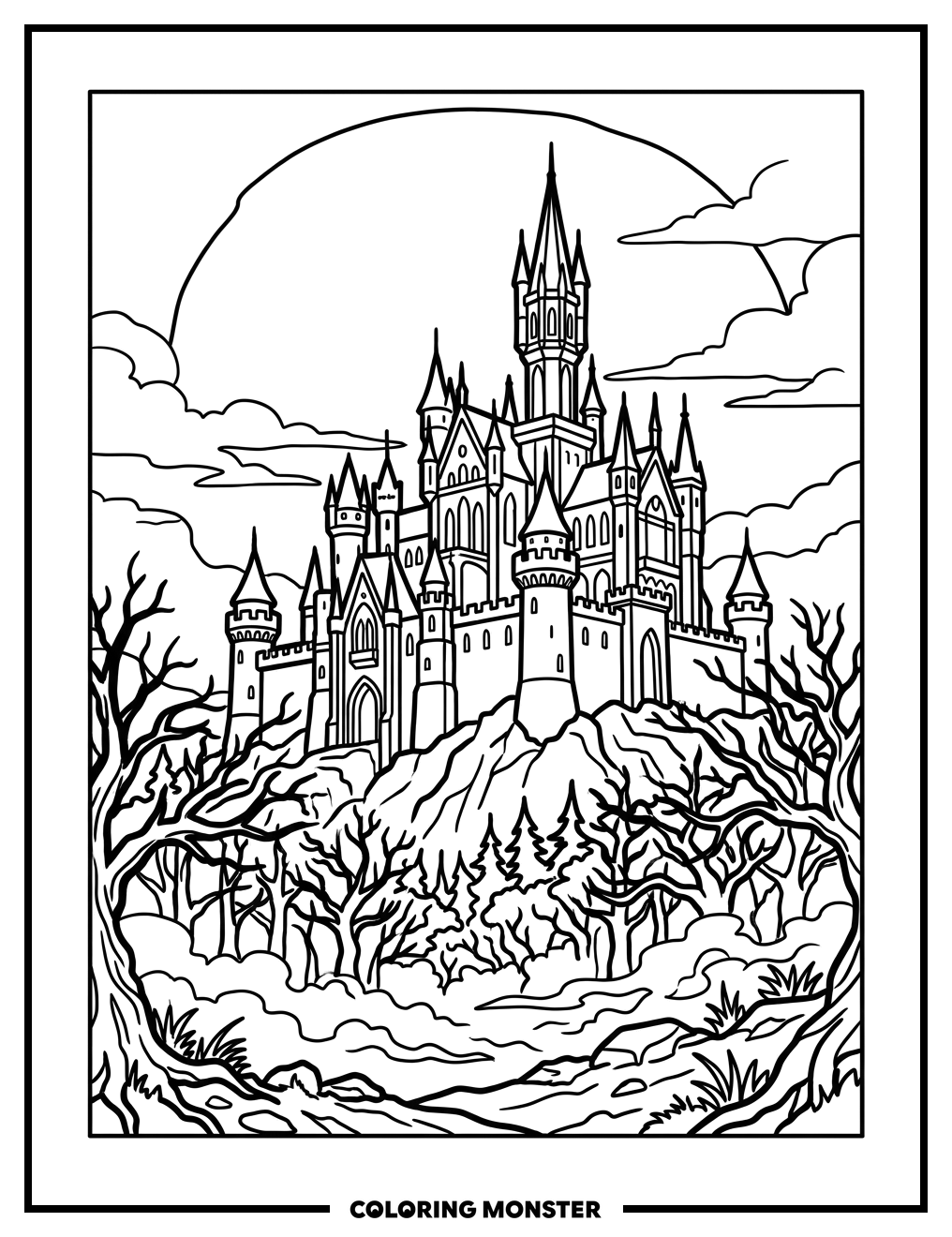 Gothic Castle in Foreboding Forest Coloring Page