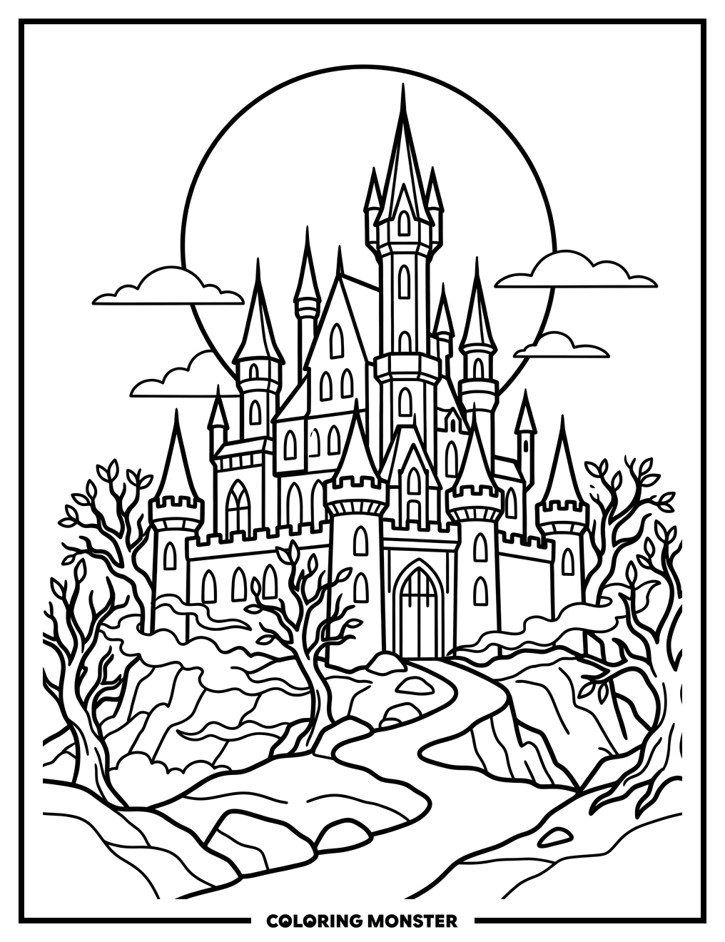 Gothic Castle Silhouette Coloring Page