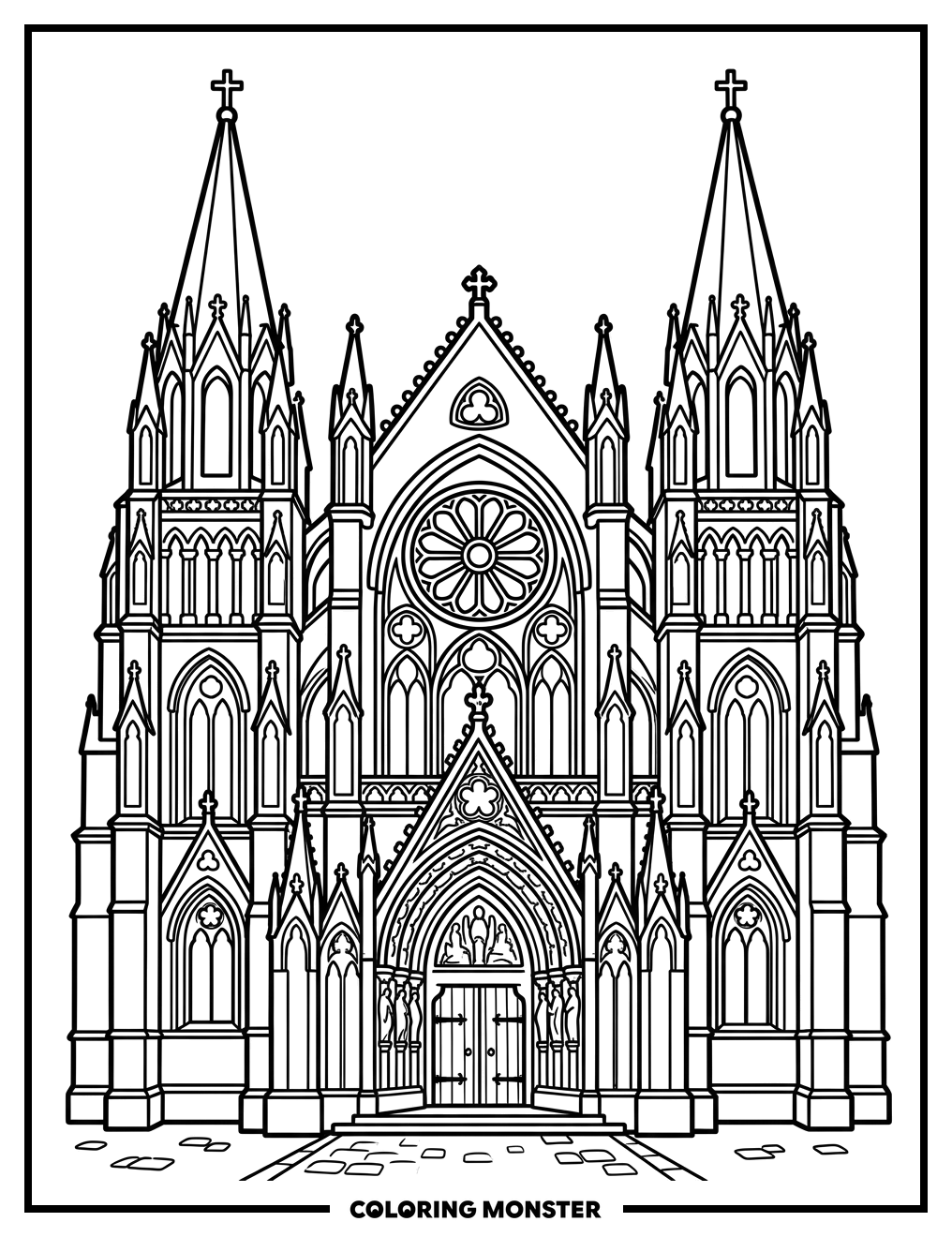 Gothic Cathedral Facade Coloring Page
