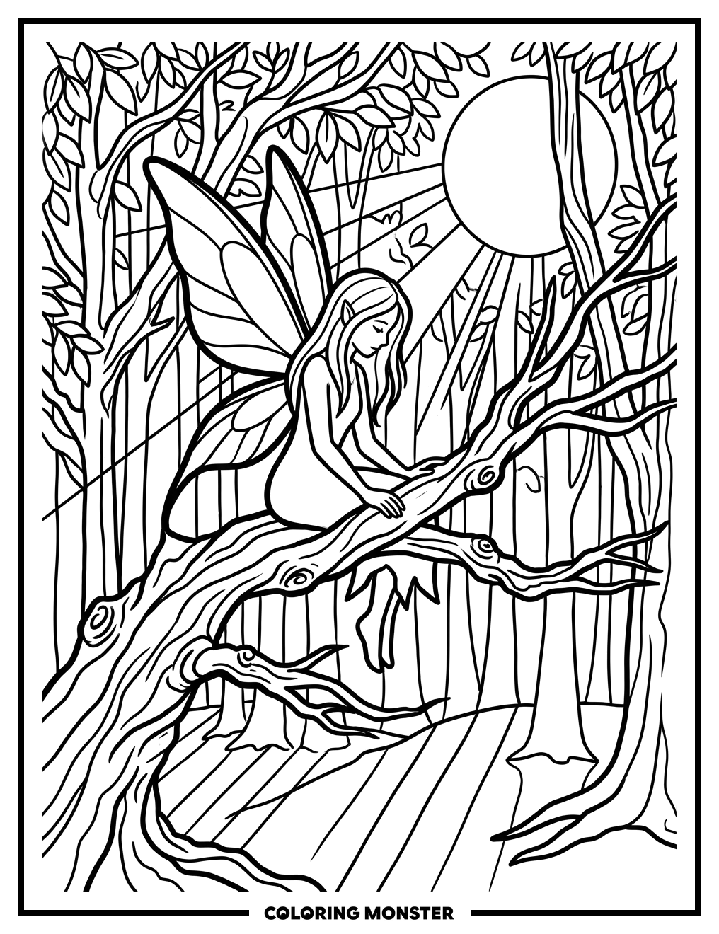 Gothic Fairy in Moonlight Forest Coloring Page