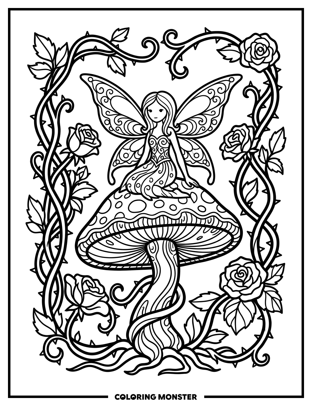 Gothic Fairy on Mushroom Coloring Page