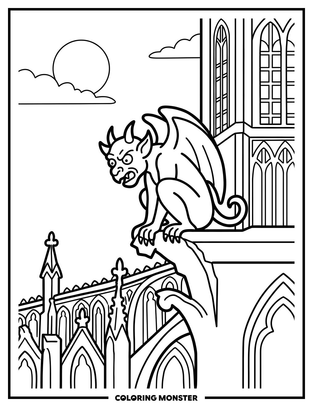 Gothic Gargoyle on Cathedral Coloring Page