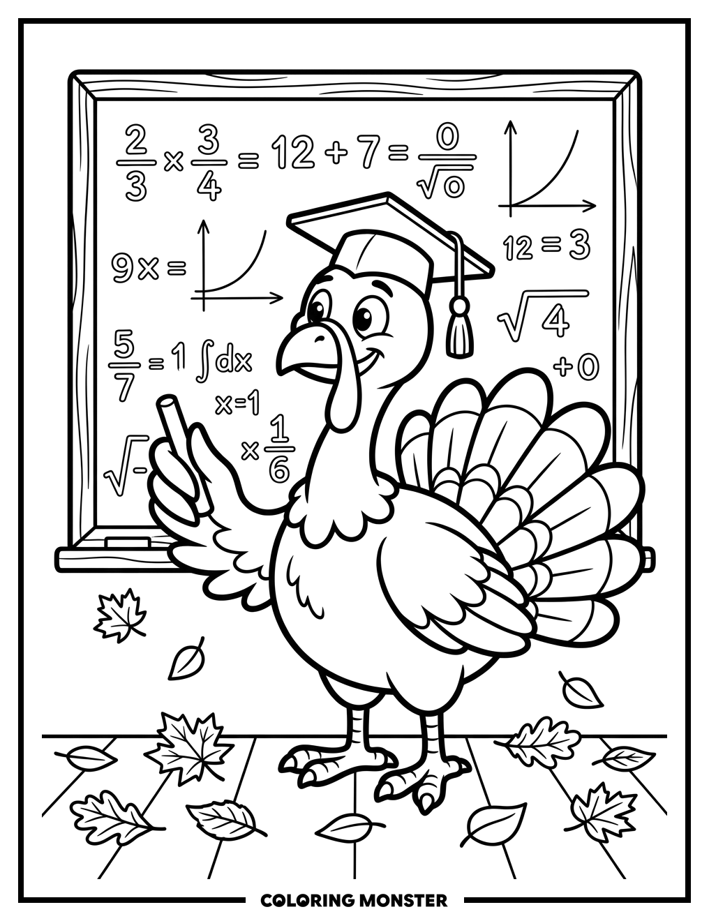 Graduation Turkey at Chalkboard Coloring Page