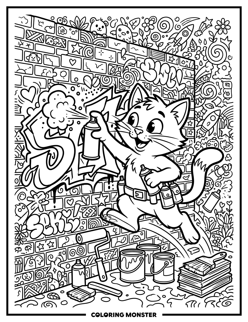 Graffiti Cat on Brick Wall Coloring Page