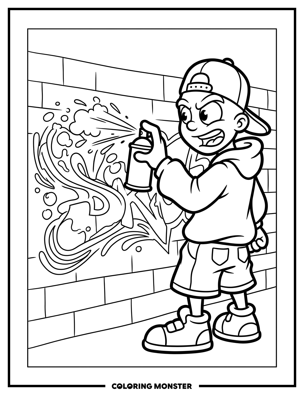 Graffiti Character Spray Painting Brick Wall Coloring Page