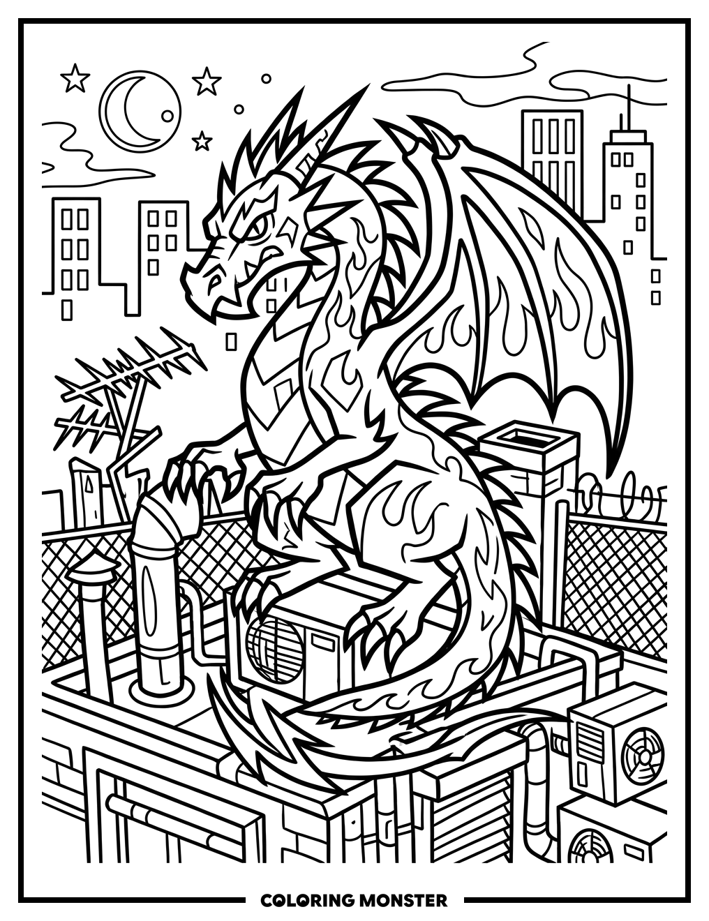 Graffiti Dragon on Rooftop Coloring Page